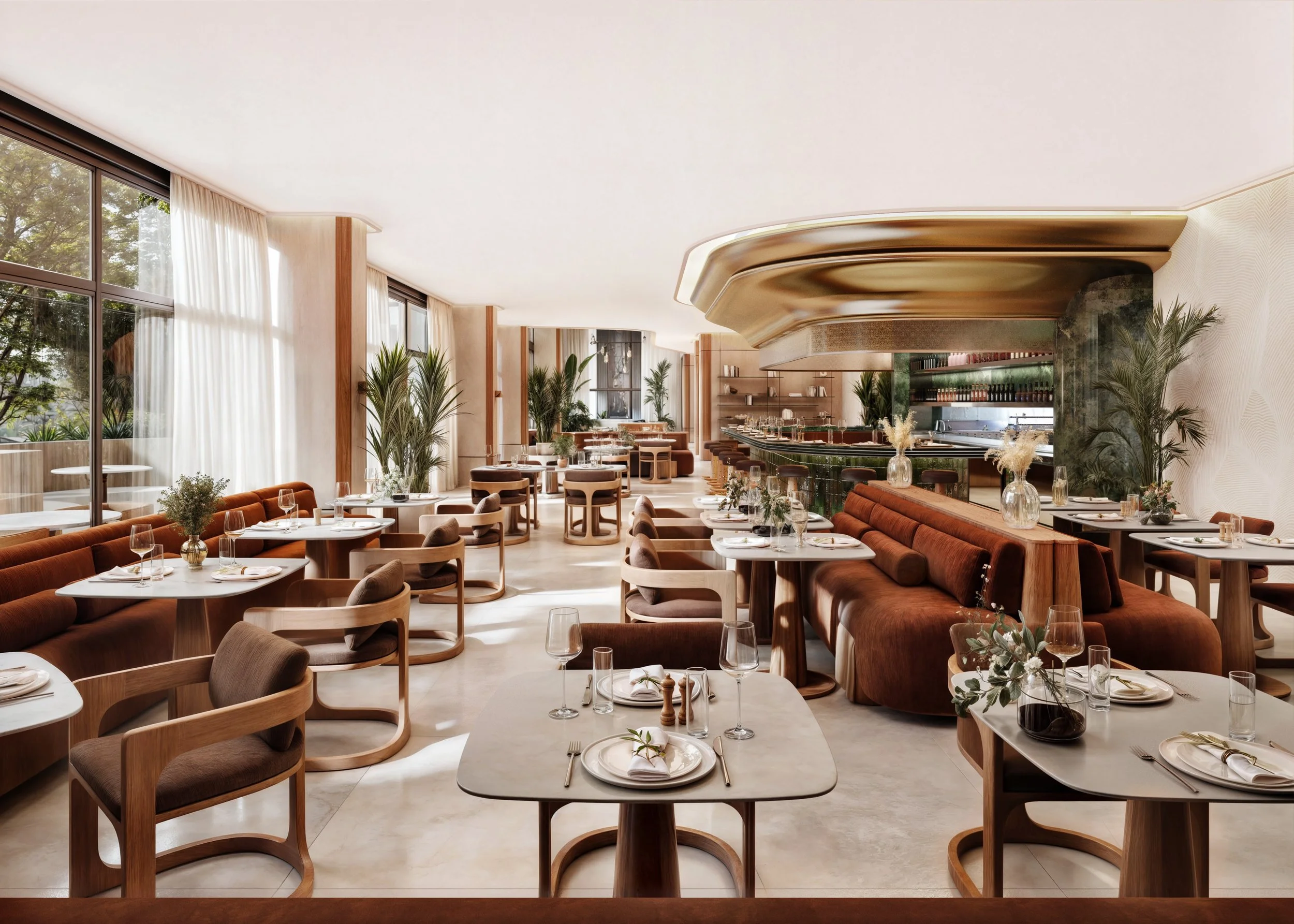 Modern restaurant with large windows, green plants, and elegant decor, featuring tables set with glasses, plates, and silverware.