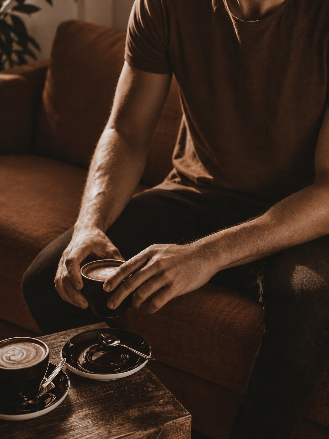 Person in a brown shirt sitting on a sofa, holding a cup of coffee with a wooden table in front that has two cups of coffee and saucers, and spoons, in a cozy, warm setting.