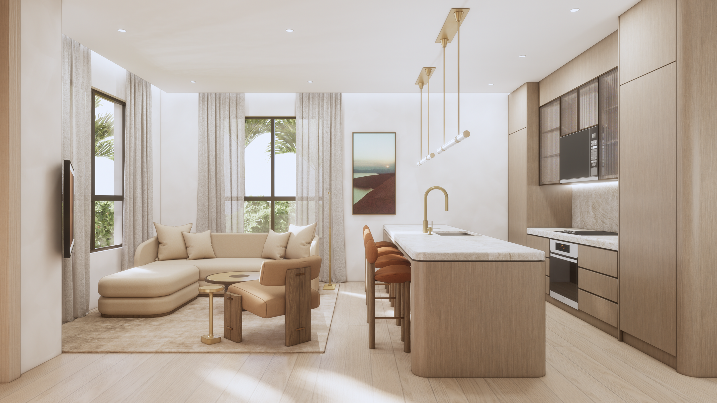 Modern living room and kitchen with beige sofa, bar stools, large windows with curtains, artwork, and built-in appliances in a wooden cabinetry kitchen.