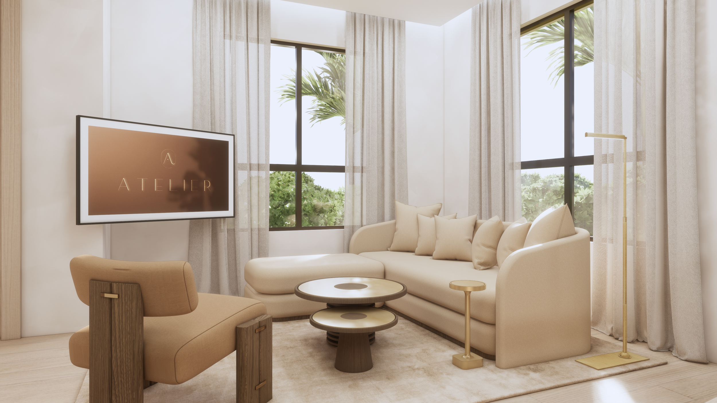 Modern living room with large windows, beige sofa with pillows, round coffee table, wall-mounted TV displaying 'ATELIER,' beige curtains, and gold floor lamp.
