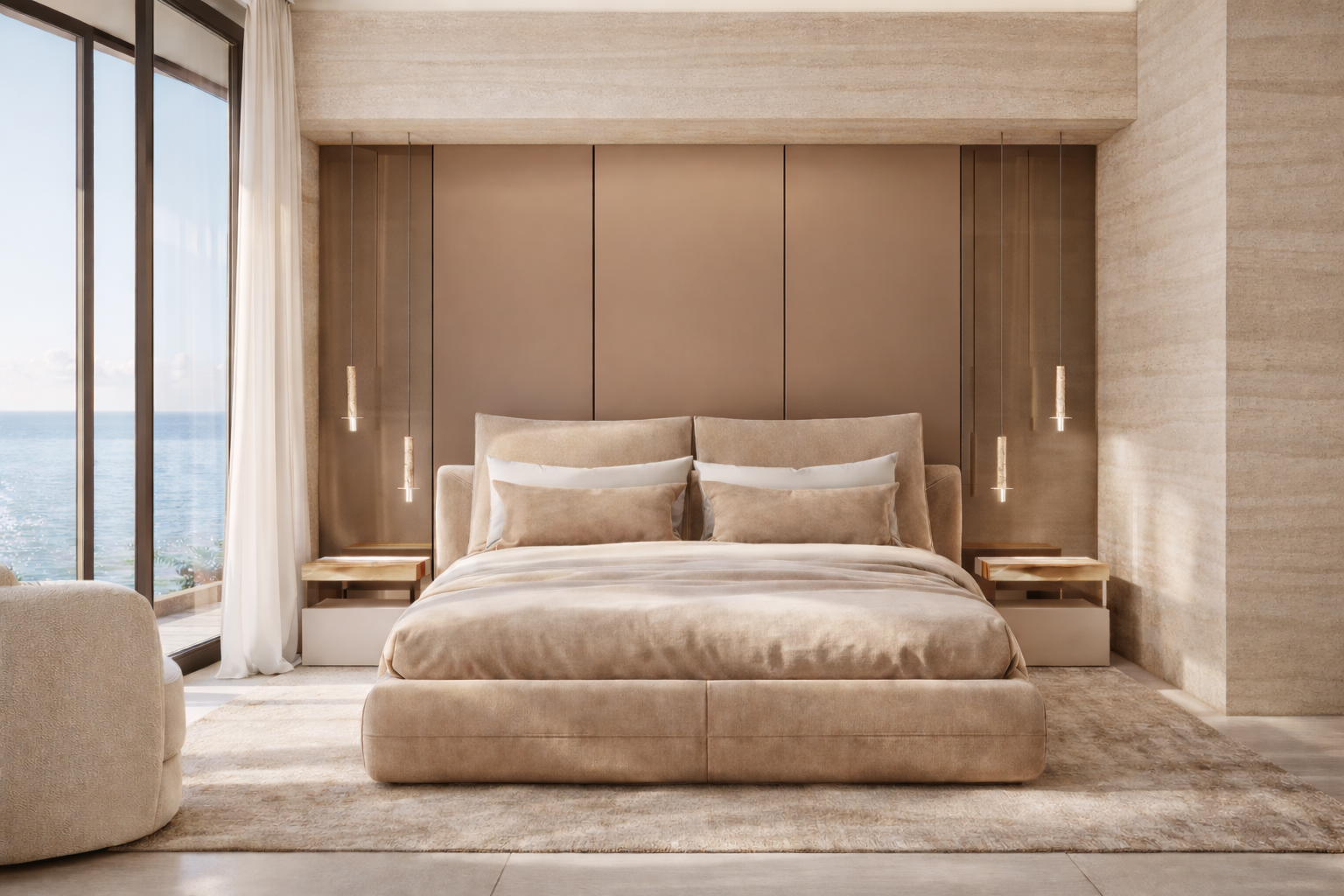 Modern bedroom with a large bed, beige bedding, and pillows, flanked by nightstands with hanging pendant lights, large windows with a view of the ocean, and neutral-colored decor.