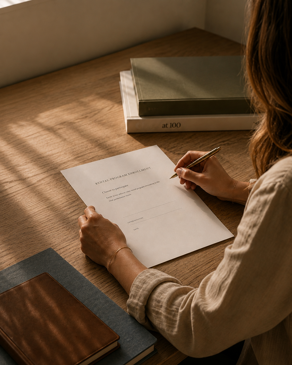 A person sitting at a wooden desk filling out a rental program enrollment form with a gold pen. The desk has books, including one titled 'at 100,' and sunlight creates shadows on the surface.