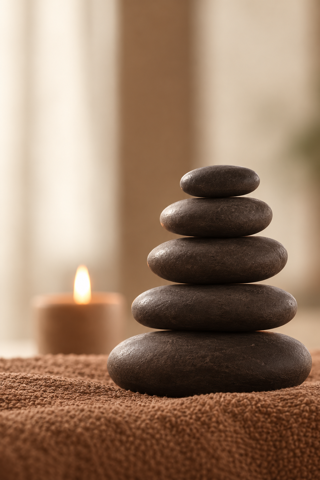 Stack of six smooth black stones on a textured brown surface with a lit candle in the background.
