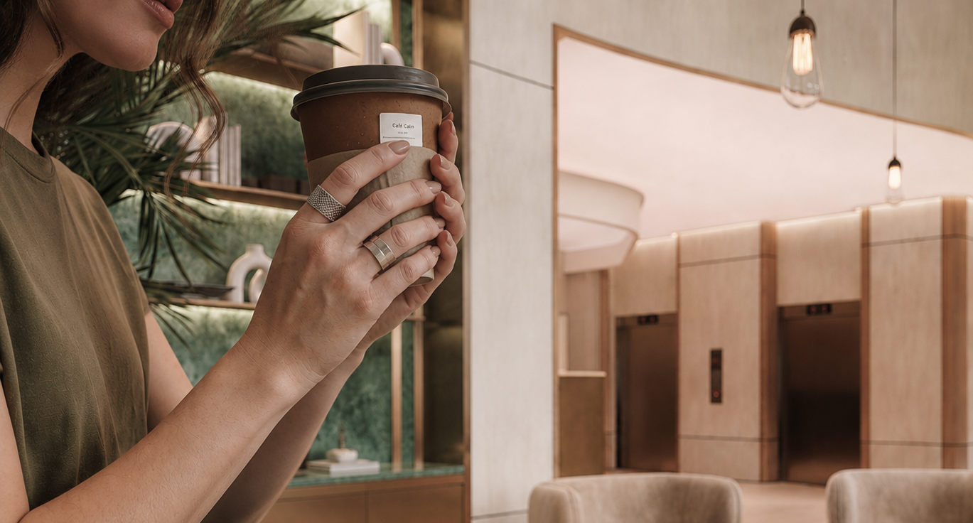 A woman holding a coffee cup in a modern cafe with elevators in the background.