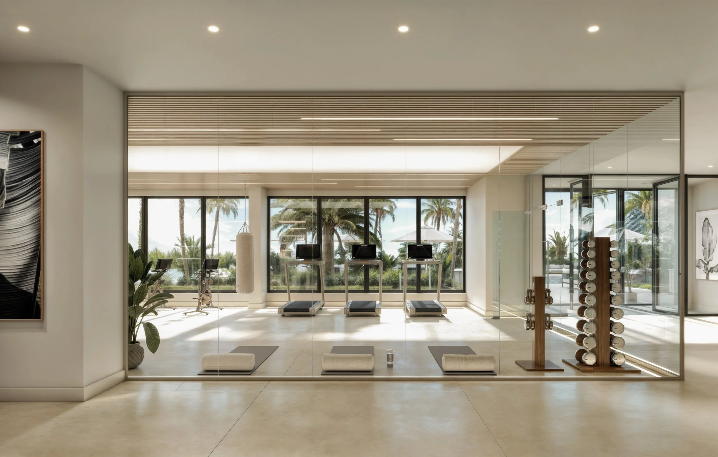 Indoor gym with treadmills facing large windows showing palm trees and a tropical outdoor scene.