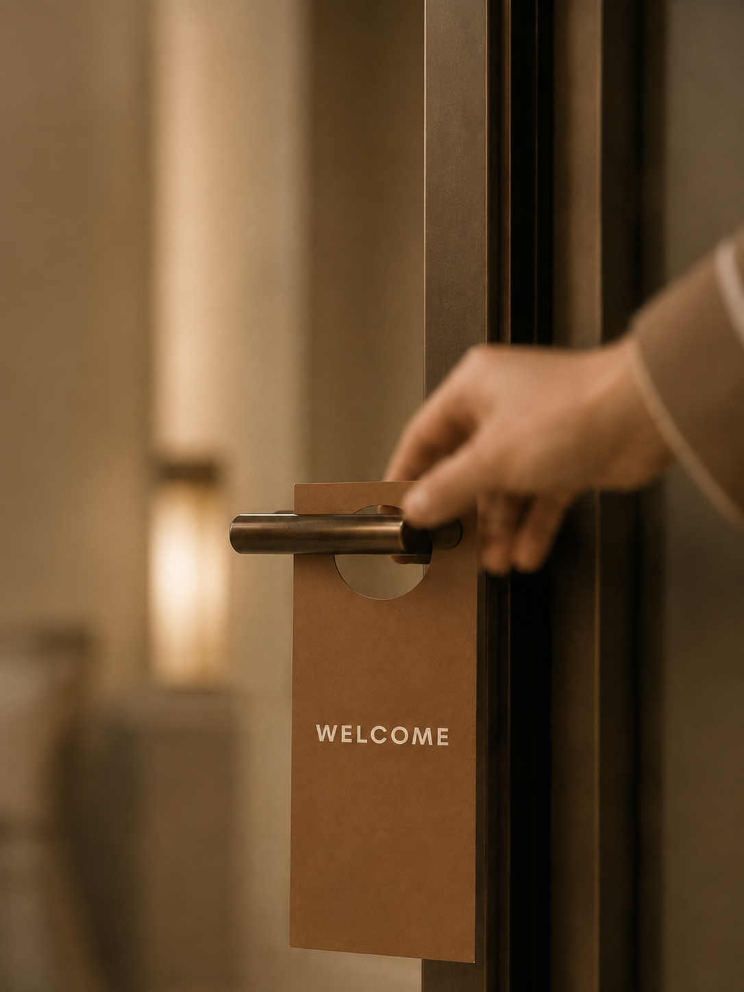 A person's hand opening a door with a