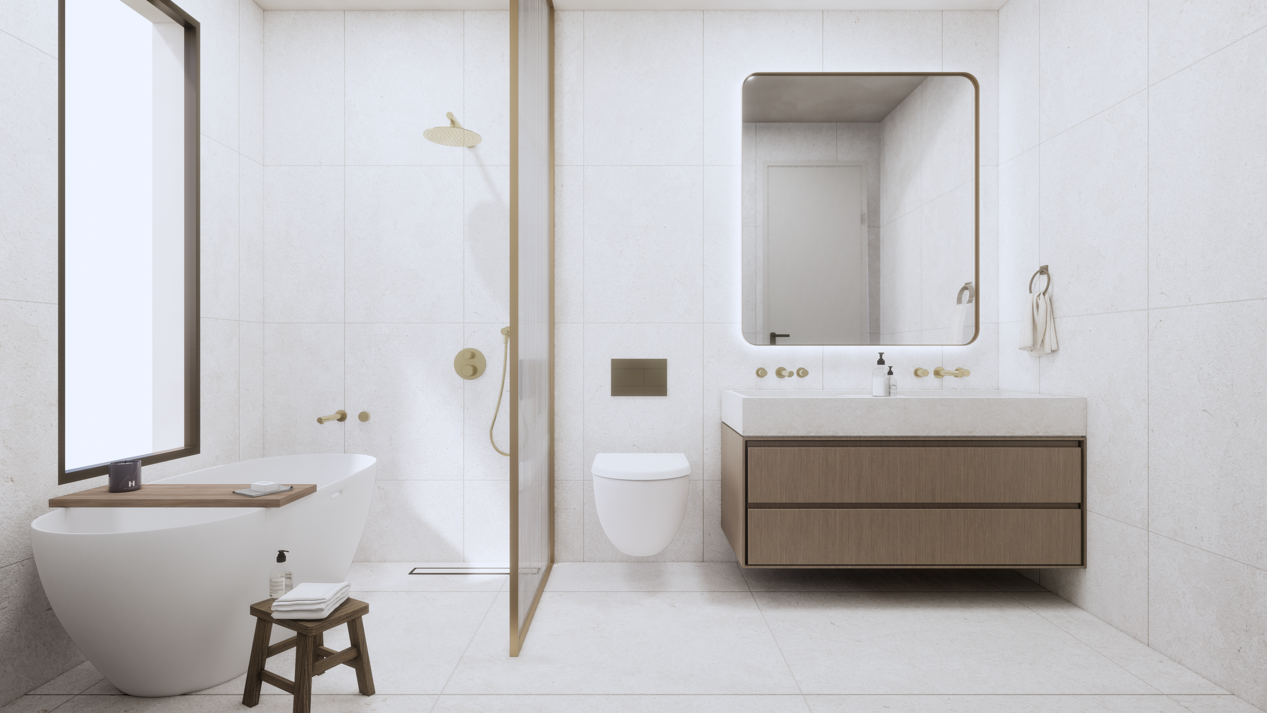 Modern bathroom with a freestanding bathtub, a walk-in shower with a rain showerhead, a wall-mounted toilet, a large mirror above a wooden vanity, and a window allowing natural light.