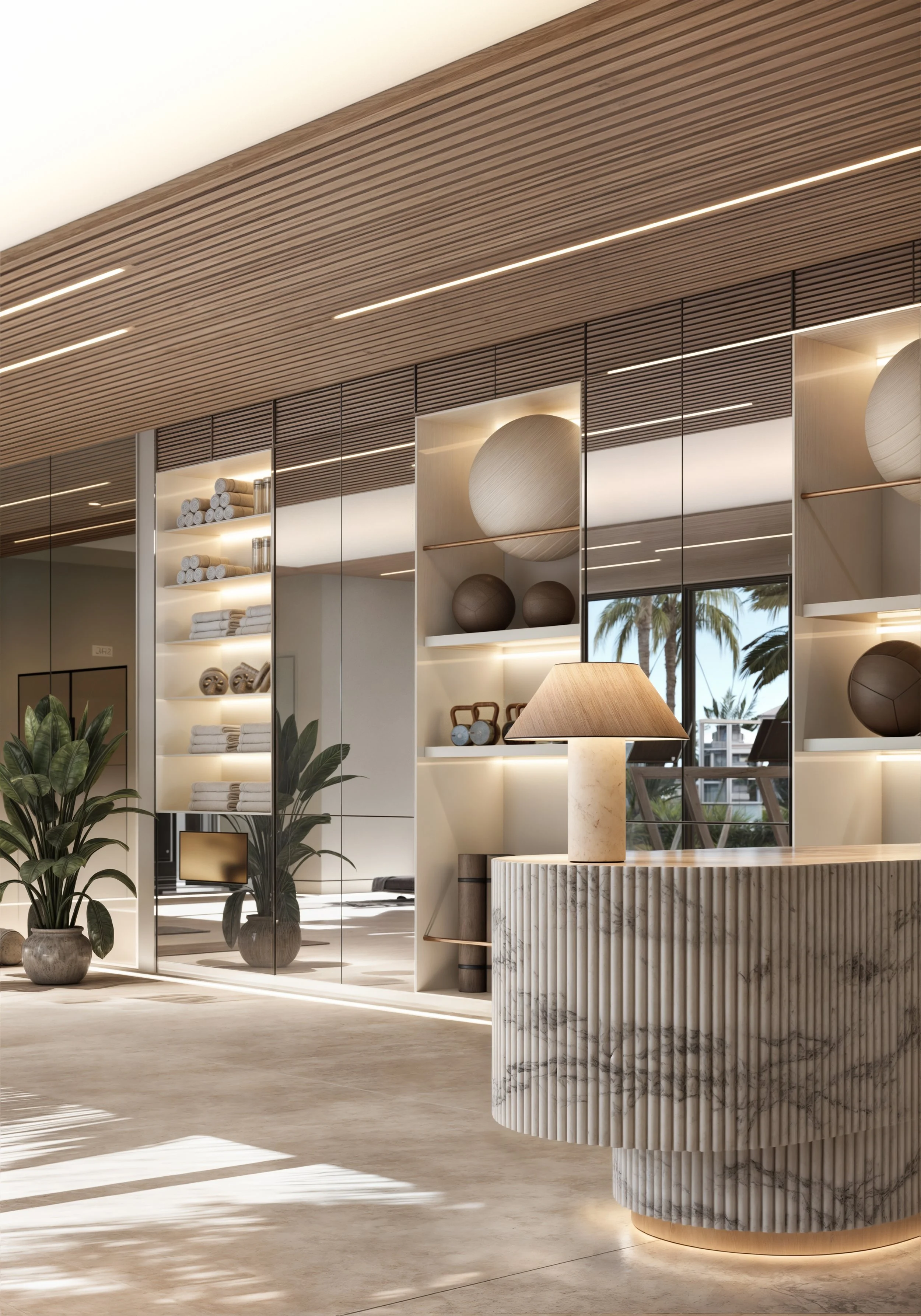 Modern interior space with a curved marble reception desk, tall potted plants, shelves with rolled towels and decorative objects, wood-paneled ceiling with integrated lighting, and large windows showing a view of palm trees outside.