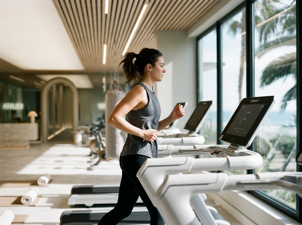 A woman running on a treadmill in a modern gym with large windows showing palm trees outside.