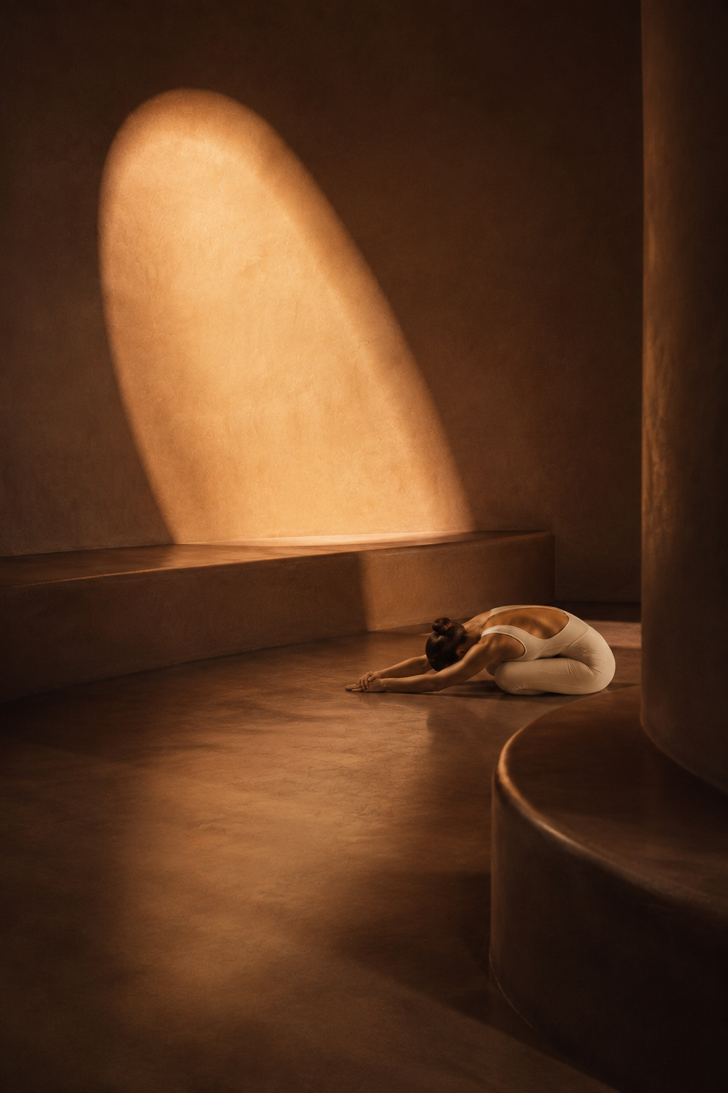 A woman performing a yoga pose on the floor in a room with warm, minimal lighting and curved walls.