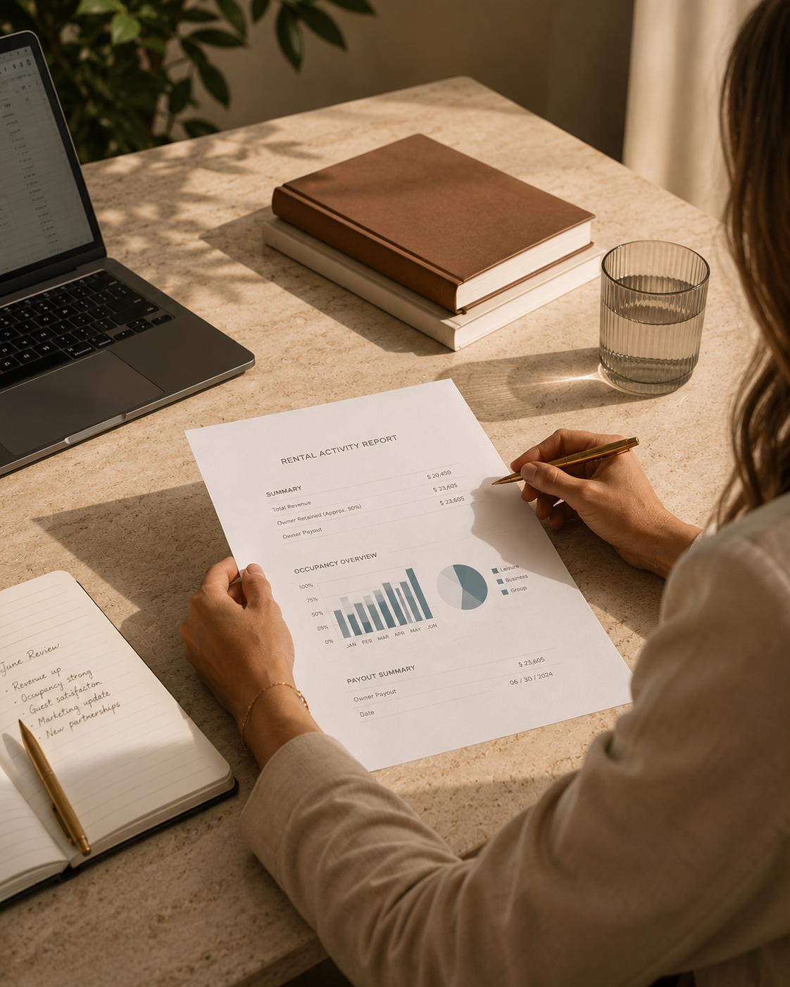 A person reviewing a rental activity report at a desk with a laptop, notebooks, a glass of water, and stacked books.