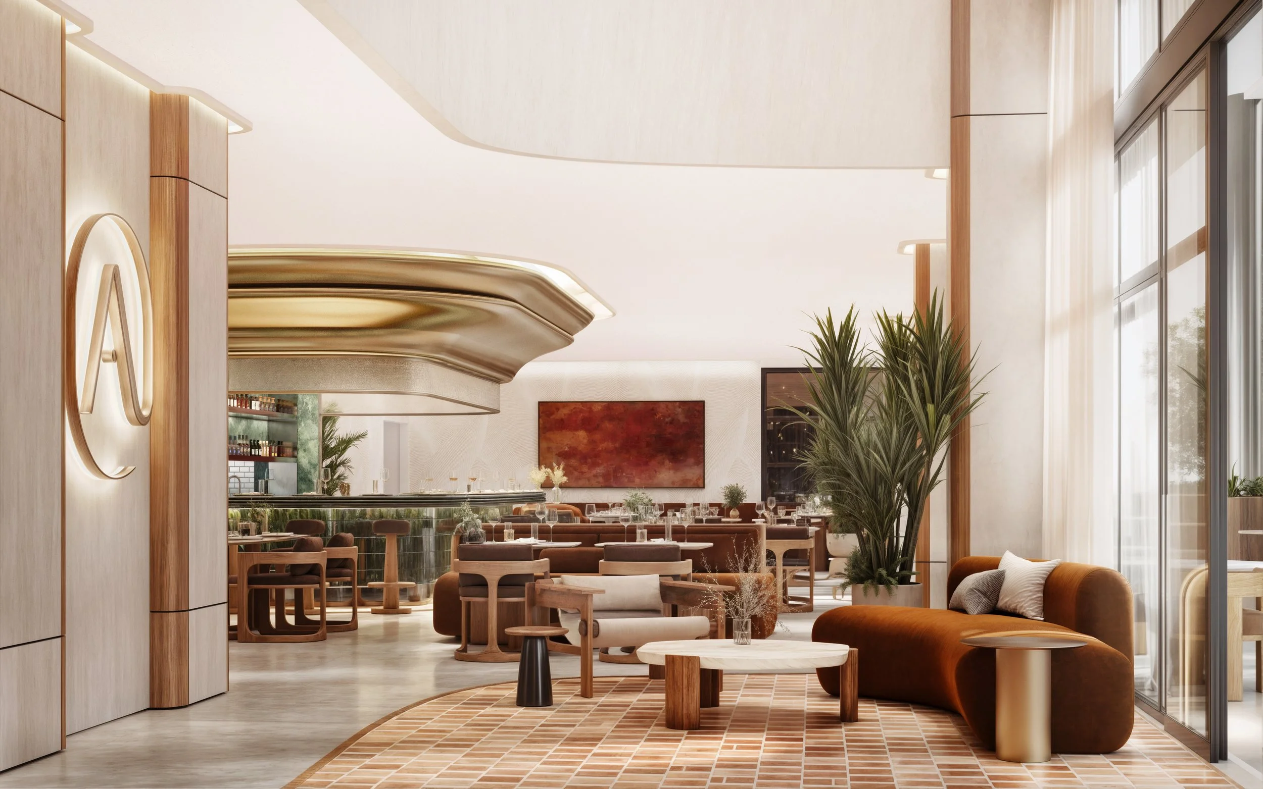 Modern restaurant interior with high ceilings, large windows, and contemporary furniture including wooden tables and chairs, beige and orange seating, plants, and abstract artwork.