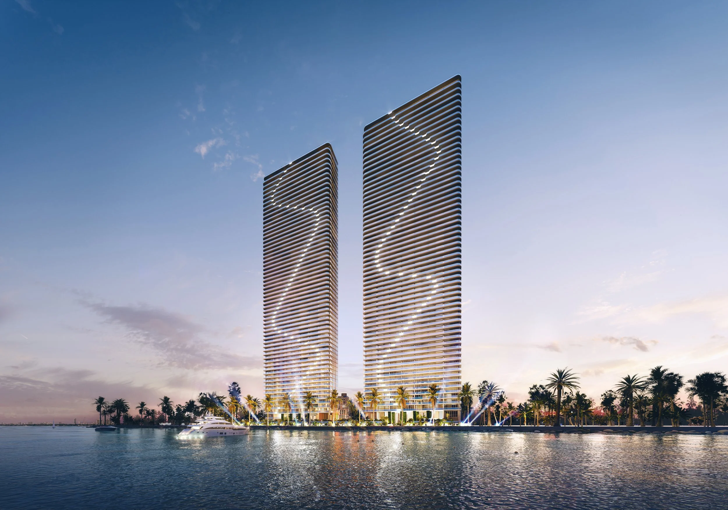 Two modern high-rise buildings with curved, layered designs reflecting sunlight, set against a clear blue sky, with palm trees, boats, and water in the foreground. Rendering of Aria Reserve, Edgewater.
