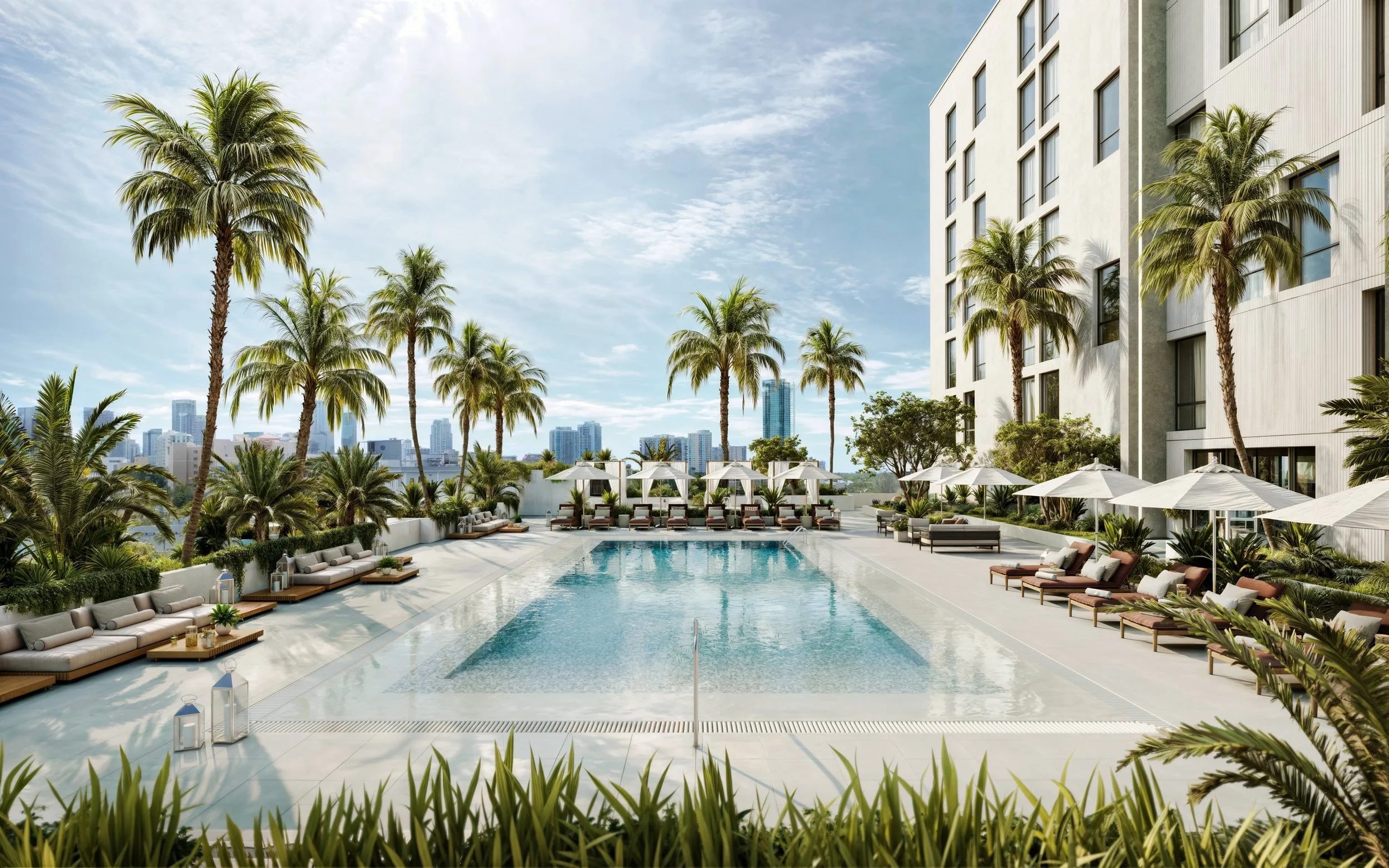 An outdoor pool area with lounge chairs, umbrellas, and lush palm trees, with a city skyline in the background on a sunny day.