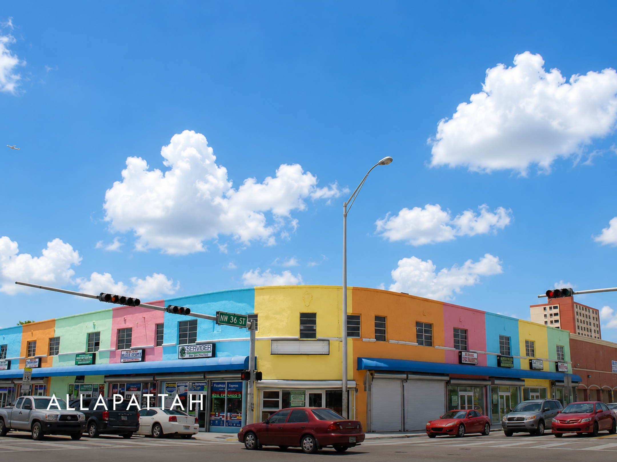 Colorful building on a city street with cars parked in front and a street sign indicating NW 36 Street. The building has a rainbow palette and storefronts at street level. The sky is bright blue with clouds, and a plane is flying overhead.