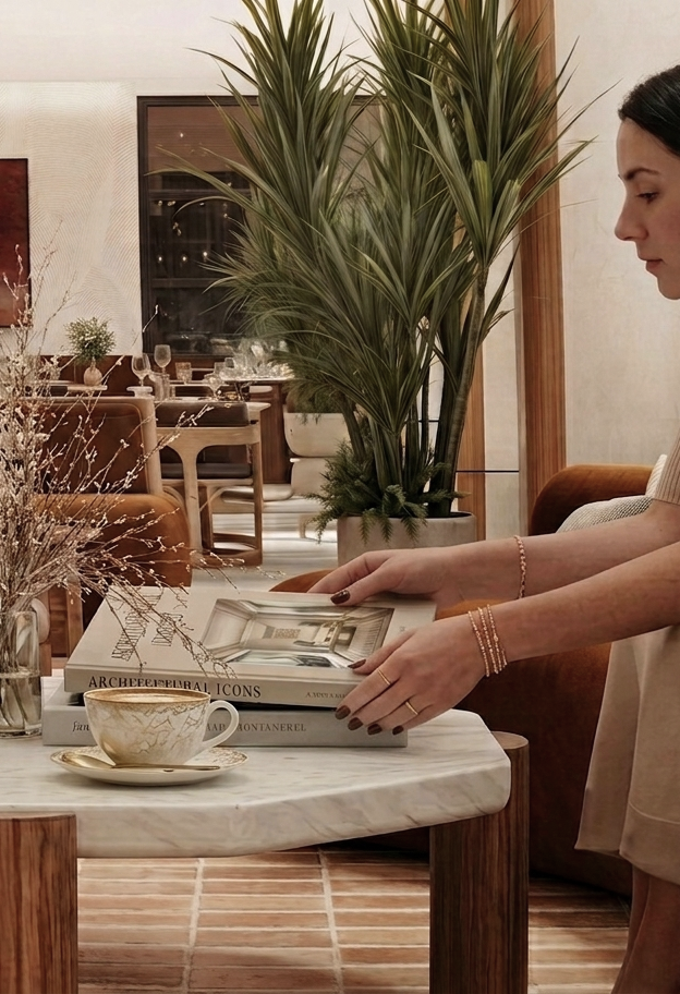 A woman sitting at a marble coffee table in a cozy, stylish room, flipping through a large architectural book, with a teacup on a saucer nearby and tall indoor plants in the background.