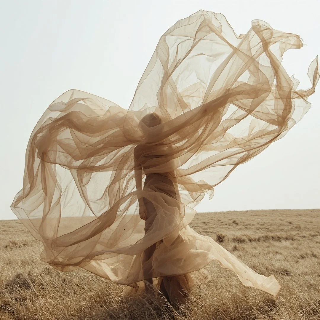 A person standing in a dry, grassy field wearing a flowing, sheer beige fabric that billows in the wind.
