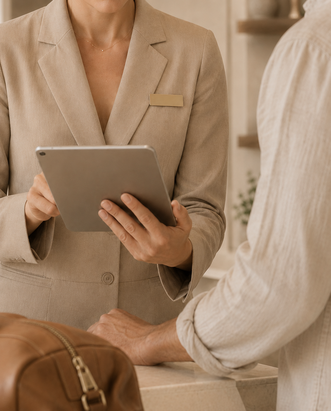 A woman in a beige suit with a name badge is holding a tablet and showing it to a customer, whose hands are resting on the counter. The setting appears to be a reception or concierge area.