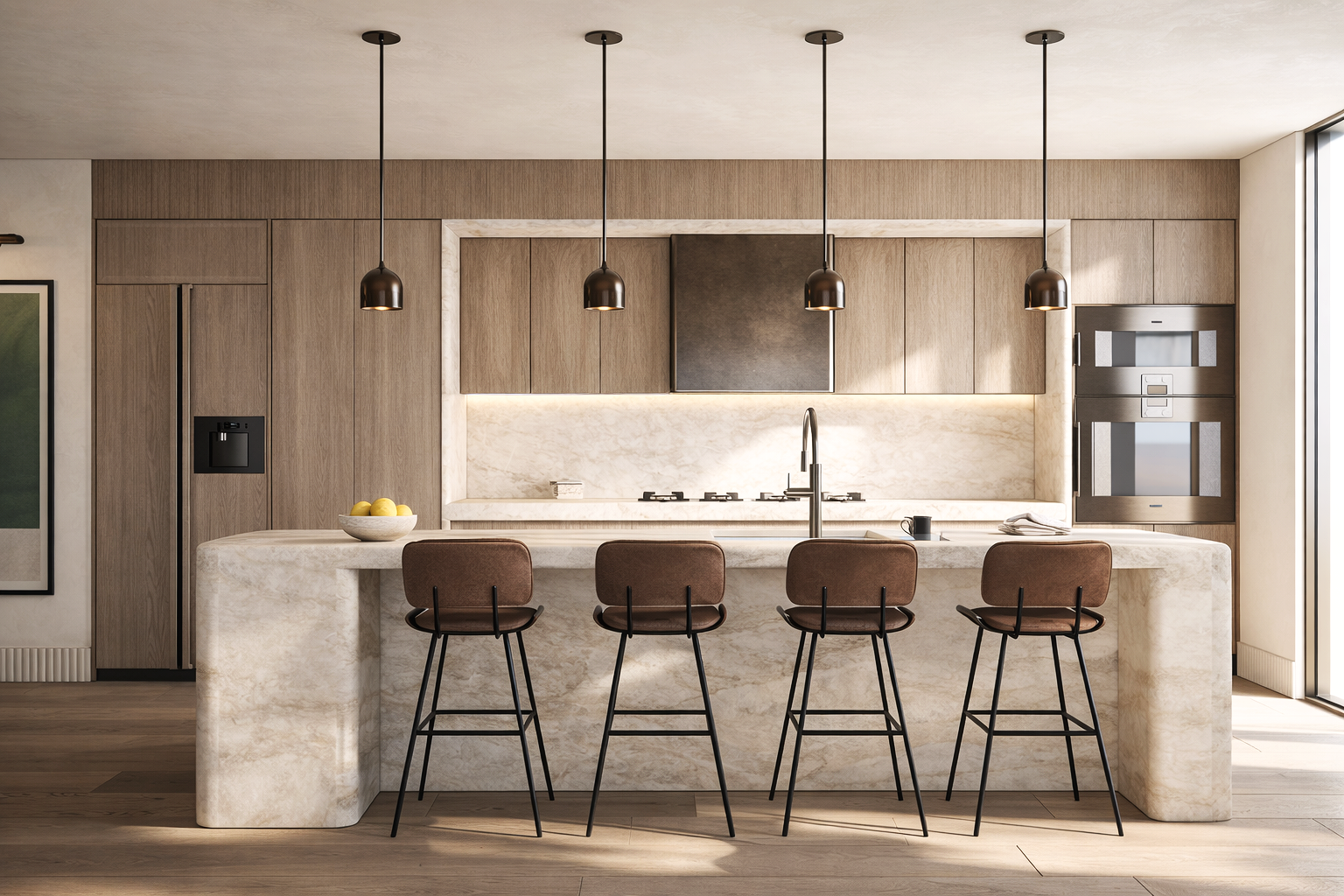 Modern kitchen with a curved marble island, four brown bar stools, wooden cabinets, black pendant lights, and built-in appliances.