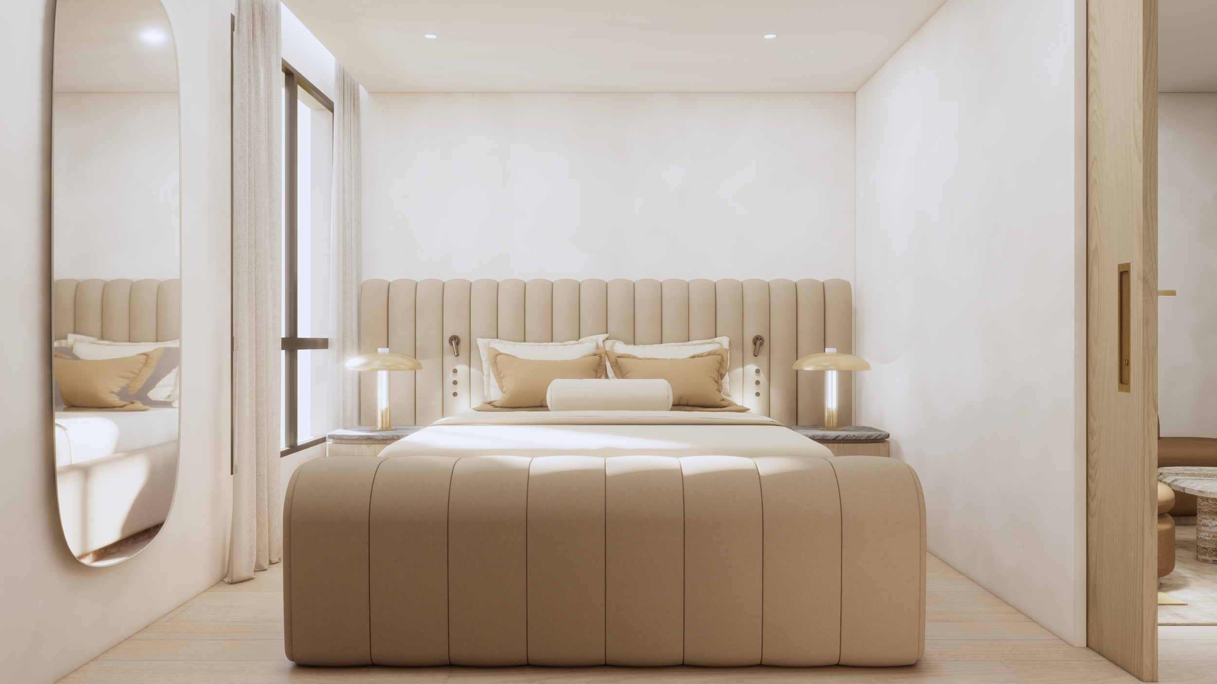 Modern minimalist bedroom with beige upholstered bed, matching pillows, bedside lamps, and a mirror on the wall.