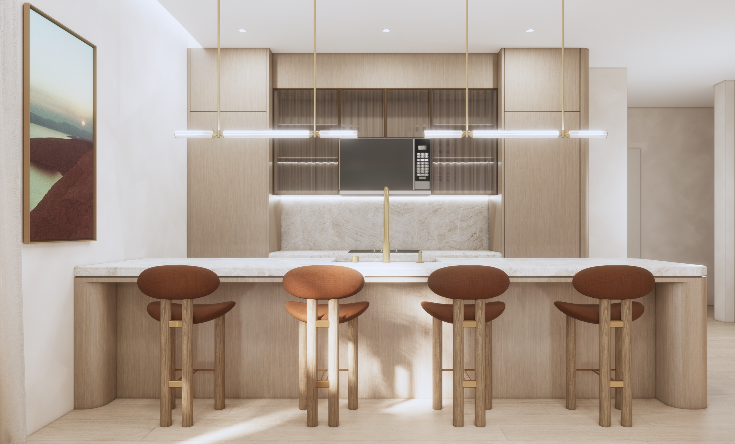 Modern kitchen with a white marble island, four brown bar stools, and a built-in microwave oven on the back wall. Light wood cabinetry and a hanging linear light fixture.