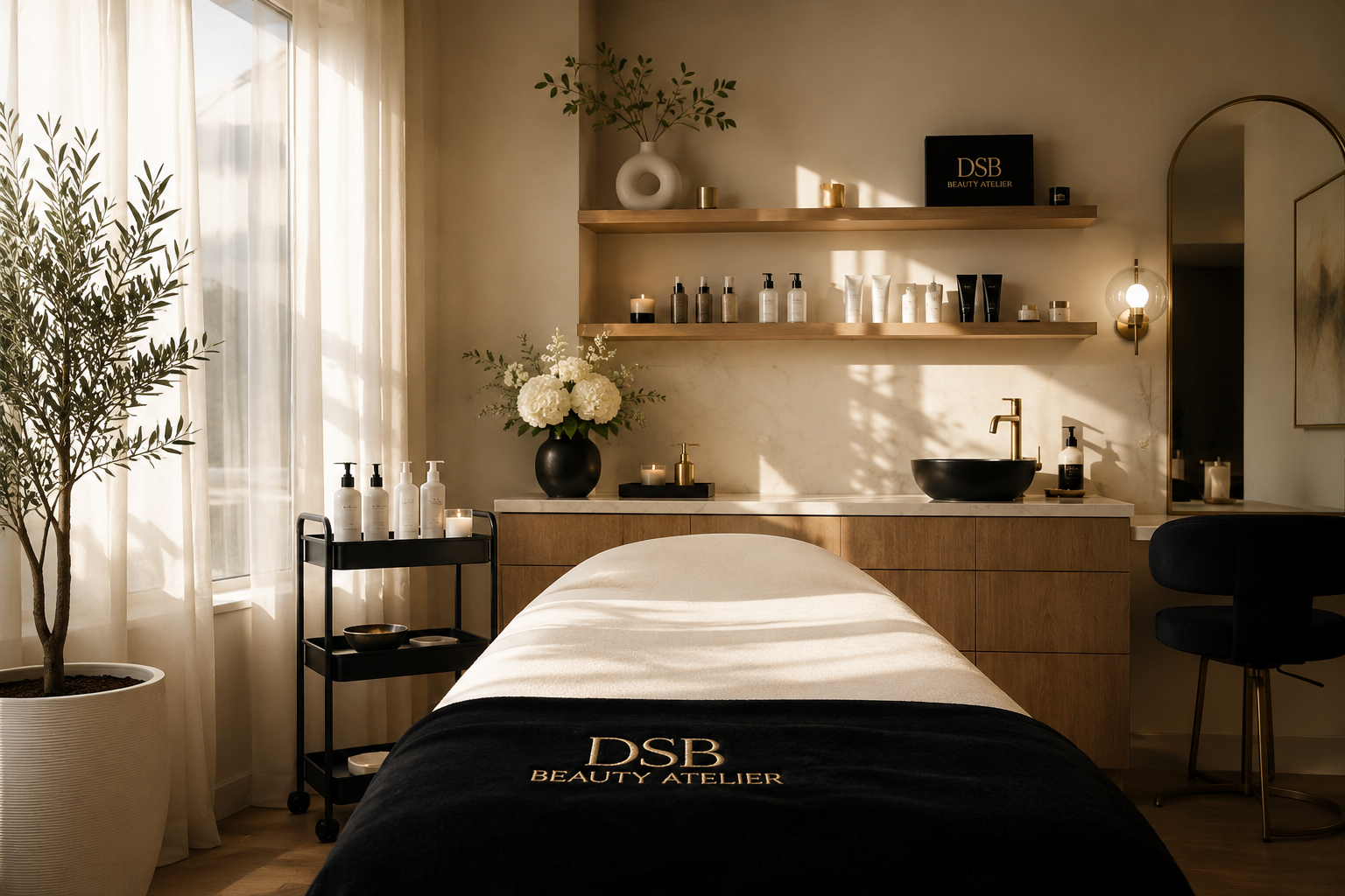 Luxury esthetics treatment room at DSB Beauty Atelier in Port St. Lucie, Florida, featuring a professional facial bed, skincare products, and a relaxing spa atmosphere.