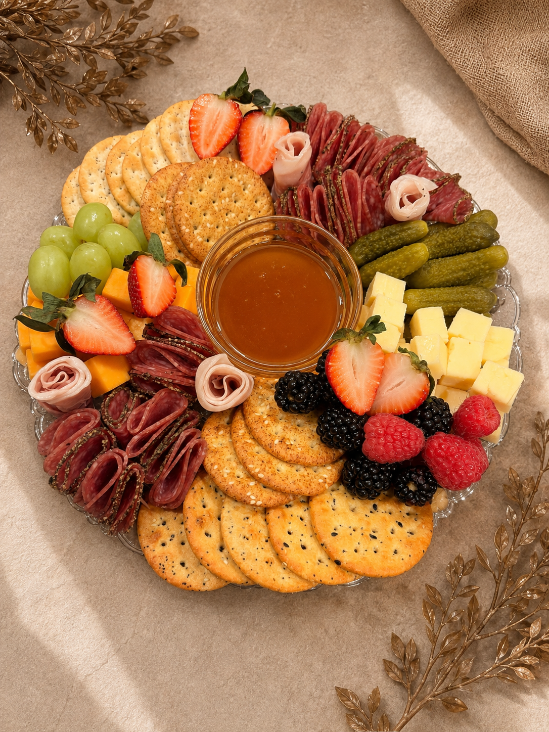 An ornate charcuterie board with crackers, cheese cubes, fresh strawberries, raspberries, blackberries, green grapes, slices of melon, rolled meats, and a small bowl of honey or jam in the center, garnished with decorative greenery.