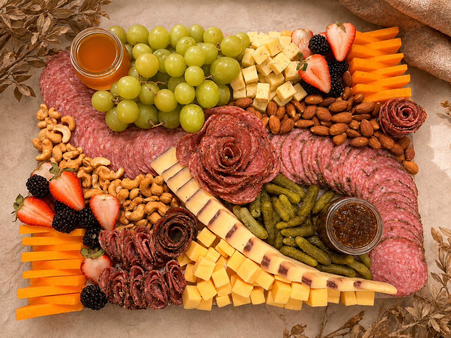 Assorted charcuterie board with cheese, meats, grapes, strawberries, blackberries, almonds, nuts, pickles, honey, and jams.