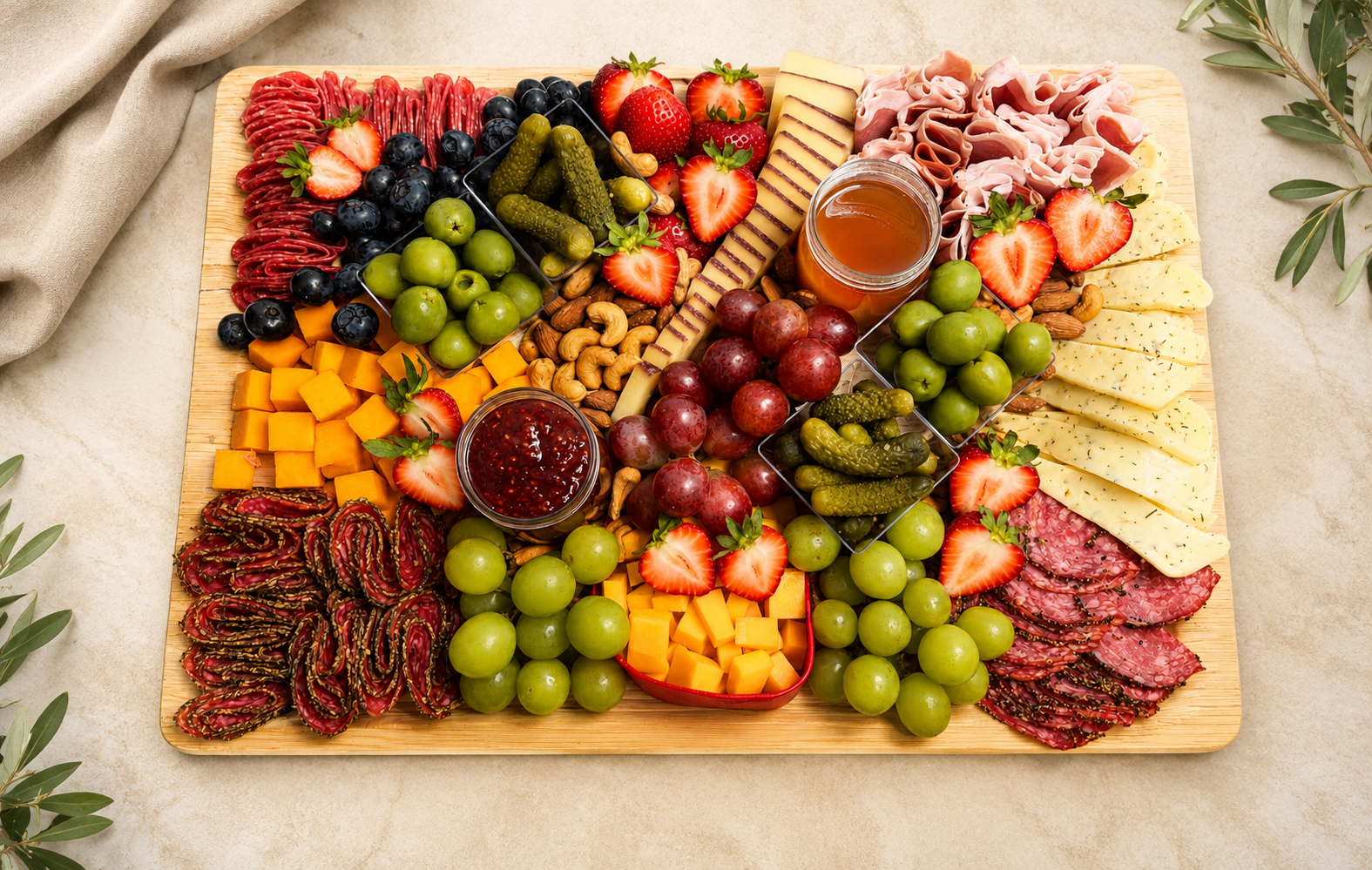 Charcuterie board with sliced meats, cheeses, strawberries, grapes, blueberries, cashews, pickles, and jam.