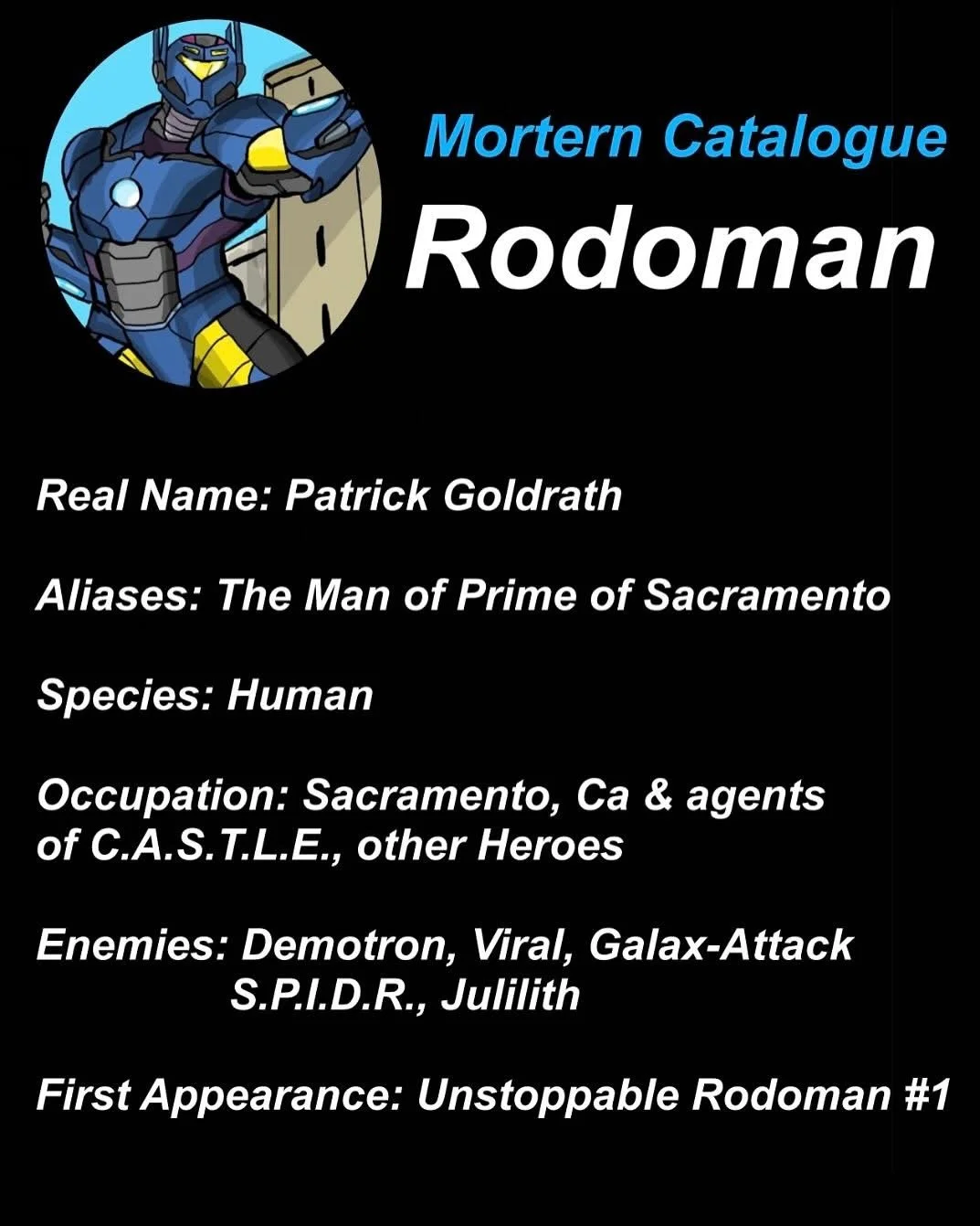 A digital illustration of a robotic superhero character in blue armor with yellow accents, standing in front of a background with black and blue colors. The character has a confident pose with one arm extended outward.