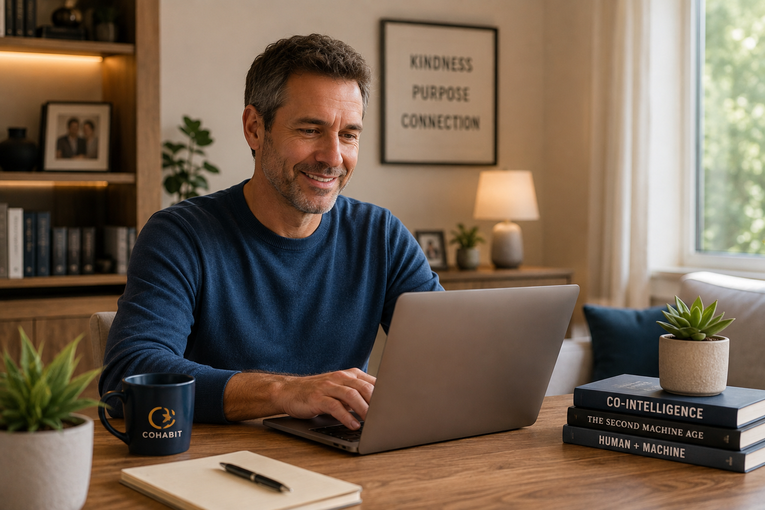 A man with gray hair and beard sitting at a wooden table, working on a silver laptop in a cozy, well-lit room decorated with plants, books, and framed art. There is a black mug with a logo, a notepad with a pen, and a stack of books titled 'CO-INTELLIGENCE,' 'THE SECOND MACHINE AGE,' and 'HUMAN + MACHINE' on the table.