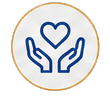 Two hands gently holding a heart symbol inside a circular border