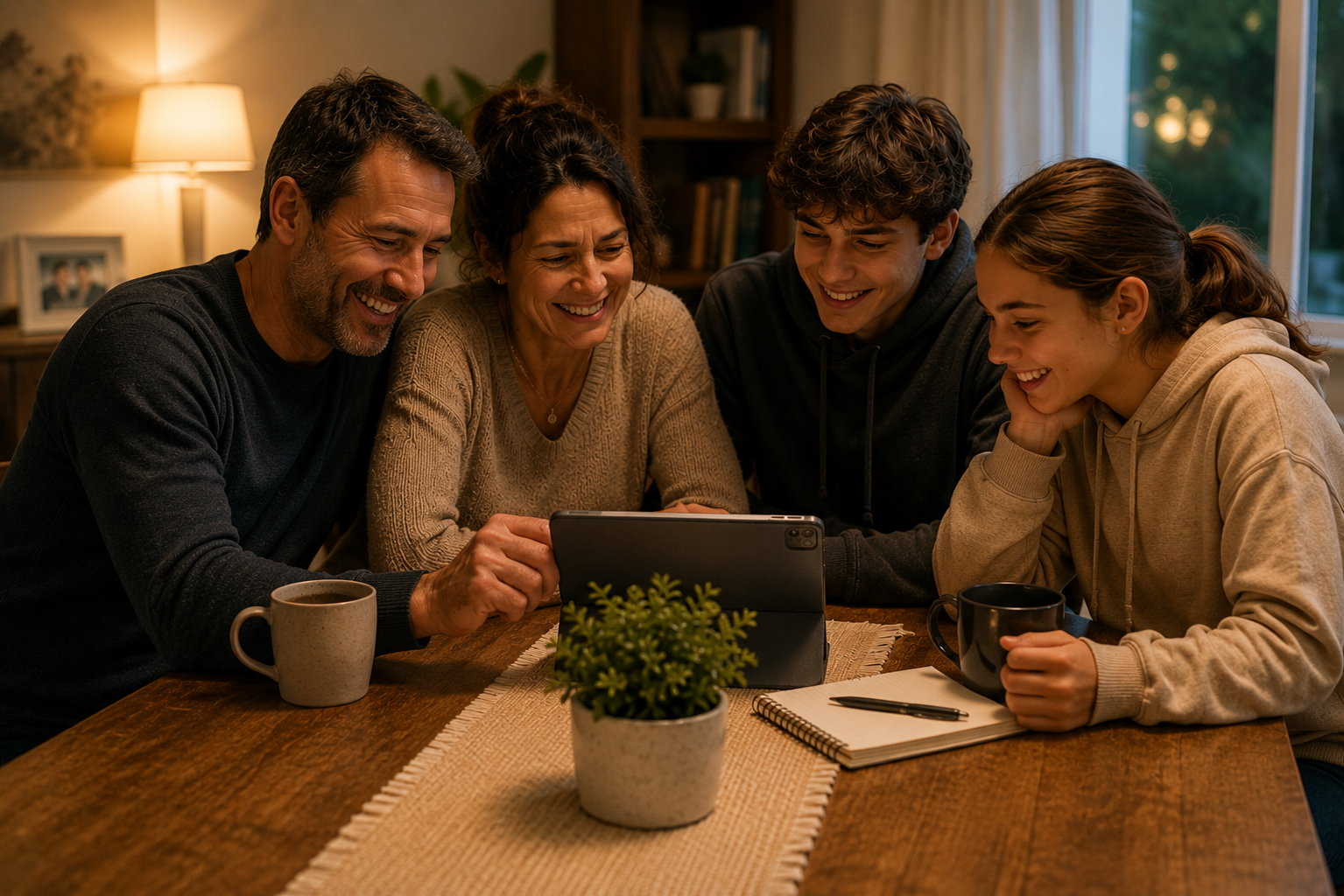 Family of five sitting around a wooden table, looking at a tablet and smiling, with coffee mugs and a notebook on the table, in a cozy, warmly lit living room.