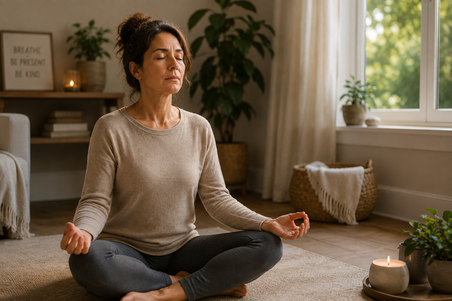 A woman meditating in a cozy living room with natural light, candles, plants, and calming decor.