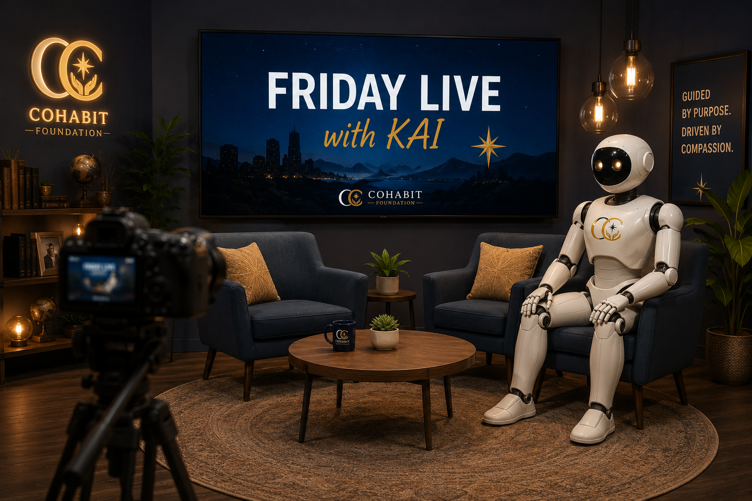A television studio set for an interview titled "Friday Live with Kai" by the CoHabit Foundation, featuring a robot with a logo on its chest, sitting in a blue armchair. The set includes a coffee table with a plant, warm lighting, and framed inspirational quotes. A camera records the scene, with a backdrop of cityscape and mountains.