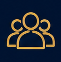Icon of three people outlined in gold on a dark background