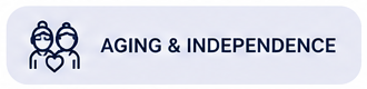 Icon of two elderly people with a heart between them, accompanied by the text 'Aging & Independence'.
