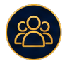 Icon of three people representing a social or group concept, with a dark background and gold outlines.