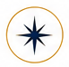 A black compass rose with eight points inside a thin gold circle.