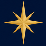 Gold eight-pointed star on a dark blue background.