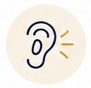 Illustration of an ear with lines indicating sound or hearing.