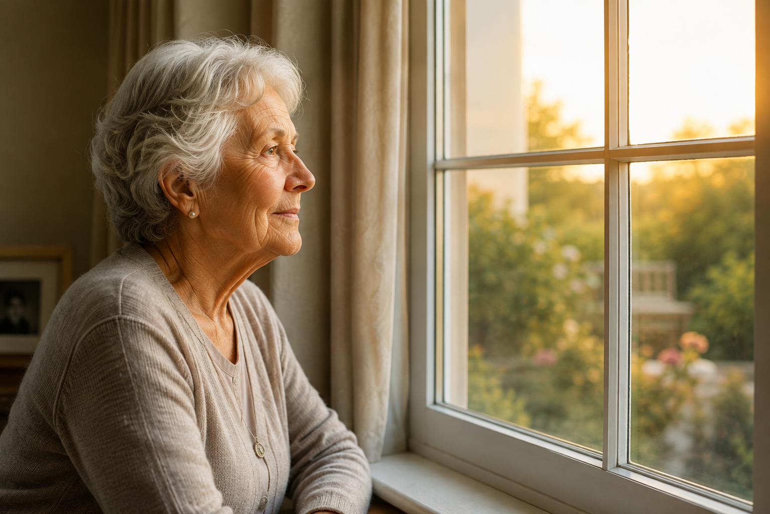 An elderly woman with white hair and pearl earrings looking out a window at sunset.