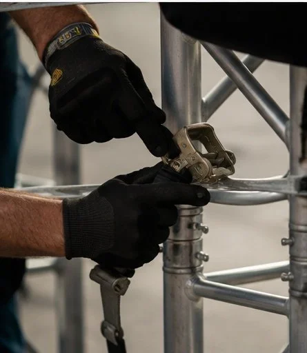 Person wearing black gloves tightening a bolt on a metal scaffolding with a wrench.