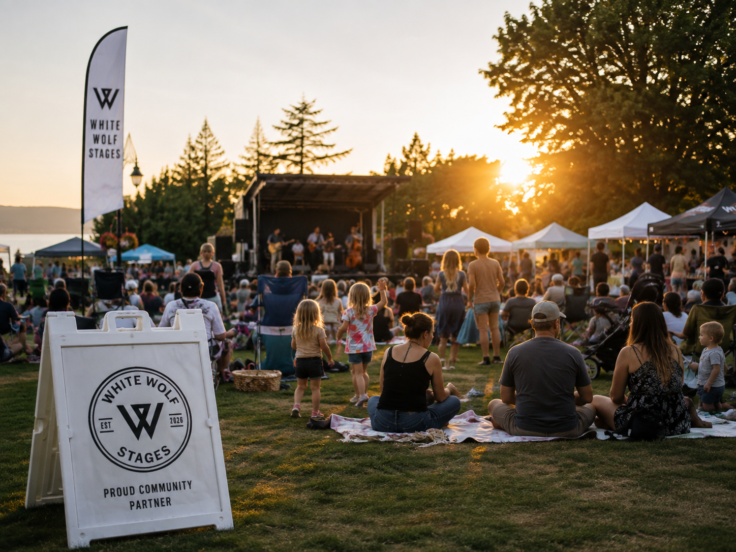 People watching a live outdoor concert at sunset with tents, trees, and a lake in the background. A sign and flag display the 'White Wolf Stages' logo.
