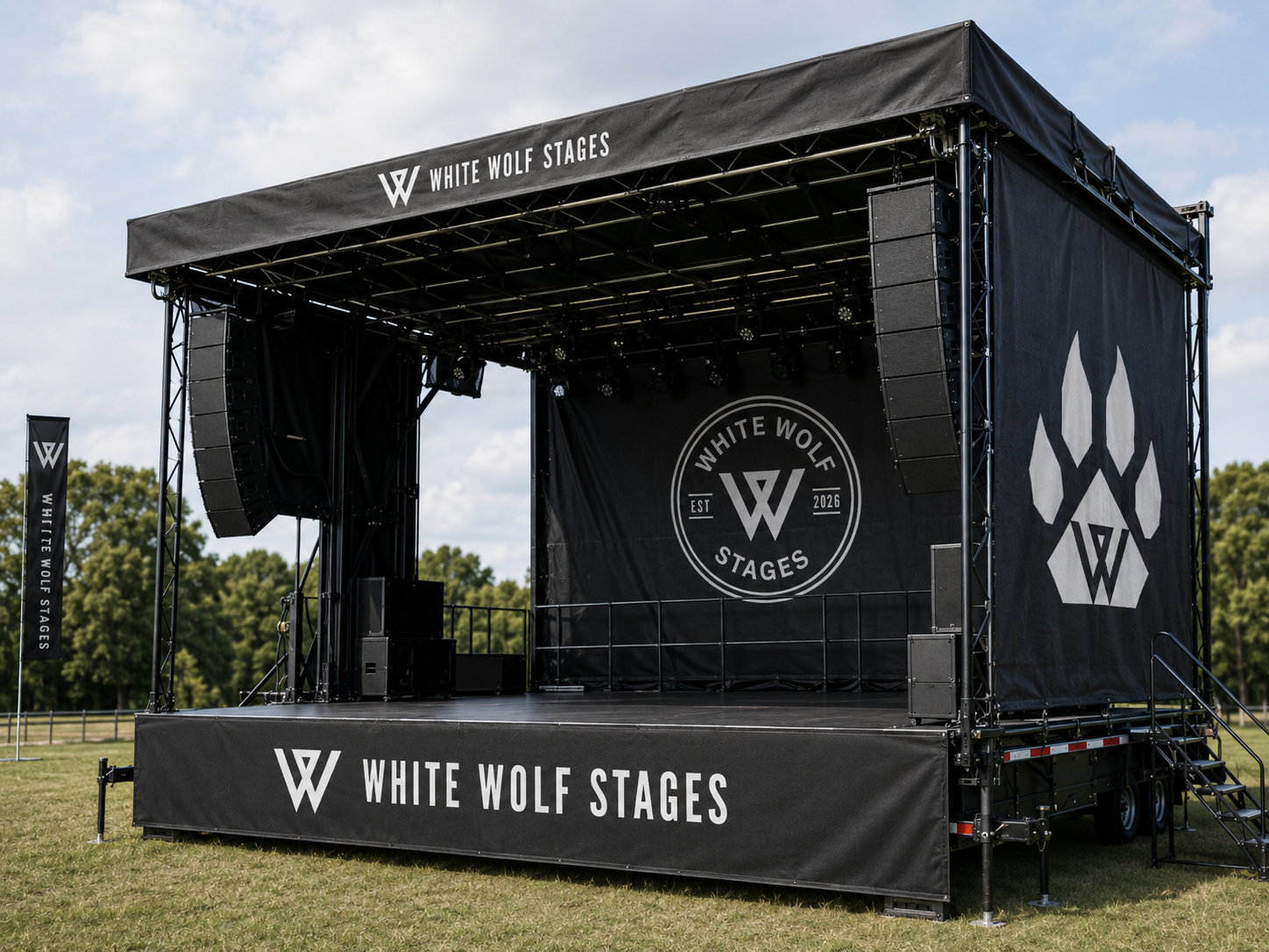 Outdoor stage with black backdrop and roof, branded with 'White Wolf Stages' and a wolf paw logo, set up on a grassy field with trees in the background.