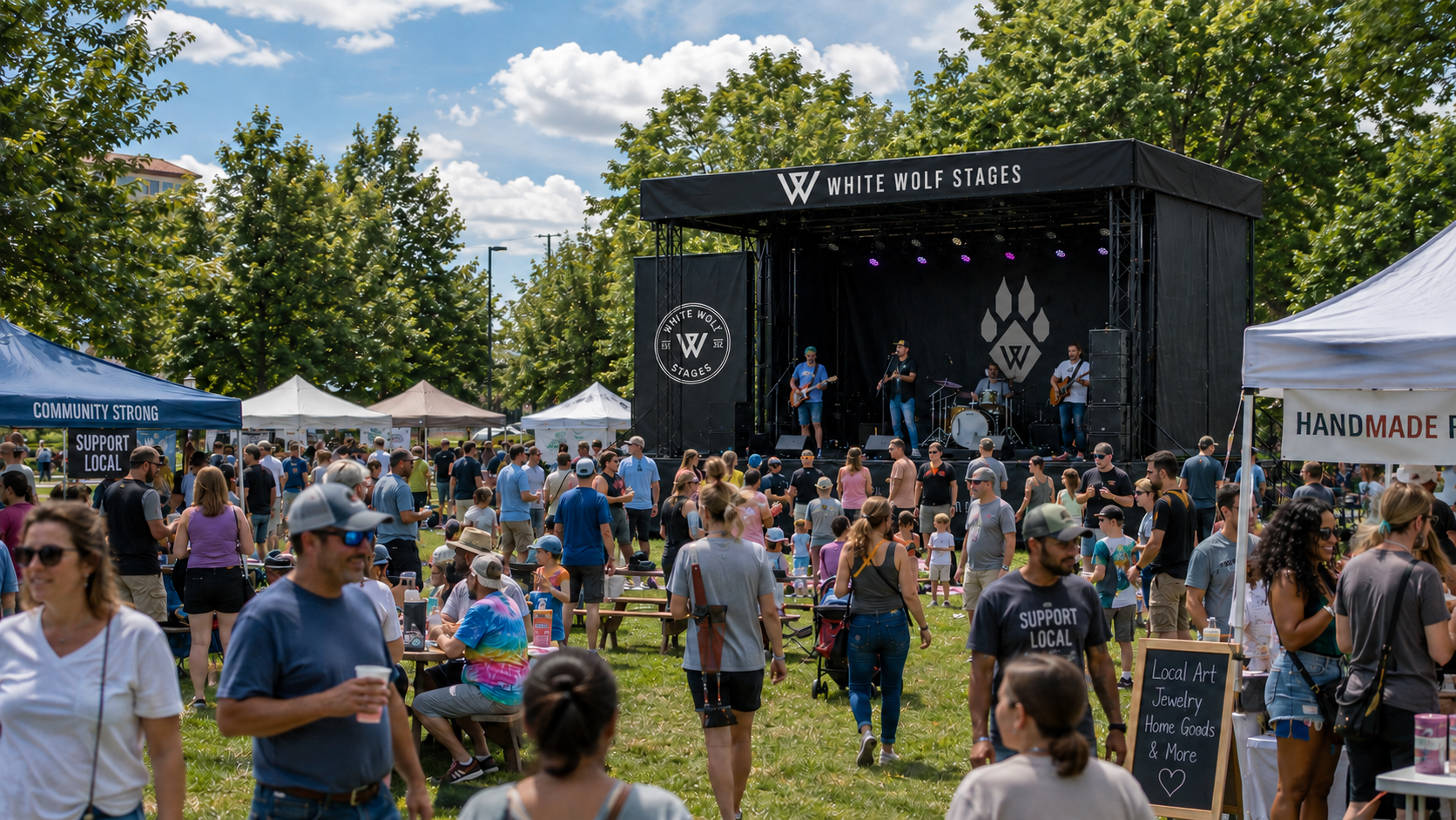 Crowd attending an outdoor music festival with a stage labeled 'White Wolf Stages,' musicians performing, and various tents nearby offering local art, jewelry, and home goods.