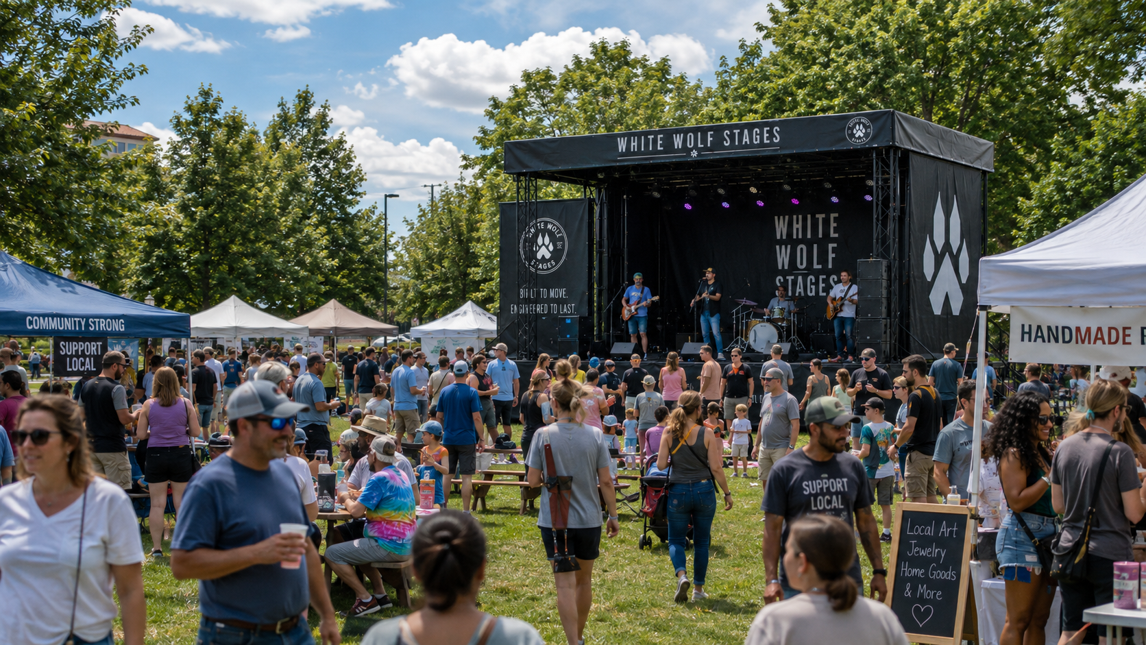 Crowd gathered at an outdoor music festival with a stage labeled 'White Wolf Stages,' featuring a band performing. Tents and vendors surround the area, including signs supporting local businesses and handmade products, under a partly cloudy sky.
