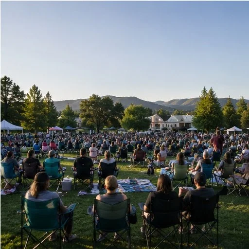 A large crowd gathered outdoors on a grassy field watching a performance at an event with mountains in the background and tents on the side.