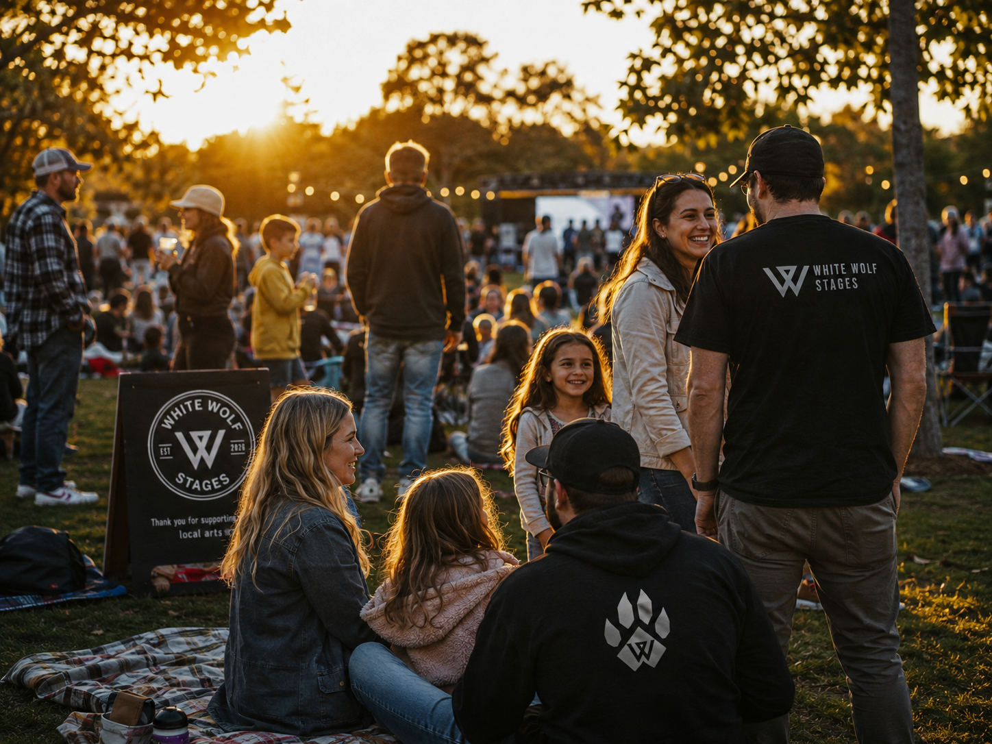 People gathering outdoors at sunset during a festival or concert, with a stage in the background and trees surrounding the area.
