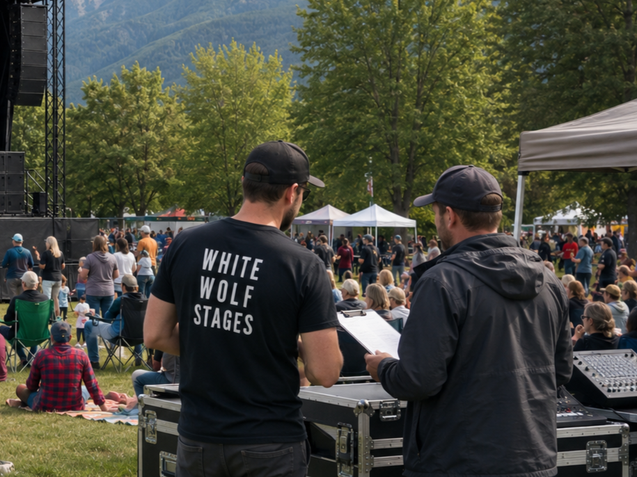Two men with black caps and dark clothing, one wearing a t-shirt with 'White Wolf Stages' on the back, oversee an outdoor event with a large crowd, tents, and a stage in a park with green trees and mountains in the background.